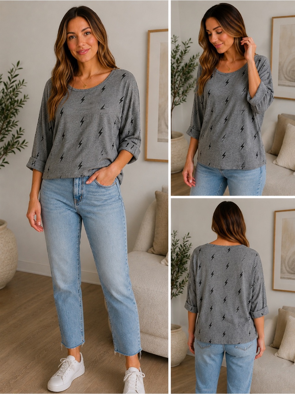 Kim & Cami Gray Lightning Bolt Oversized Top Fixed Cuff Sleeves Size Large
